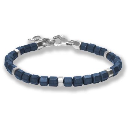 Br armband hematite blauw met zilver 18.5cm TIBET60